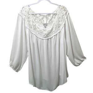 Avenue Sheer Flowy White Blouse 3/4 Sleeves, Crochet Lace Neck, Size 26 / 28 NWT